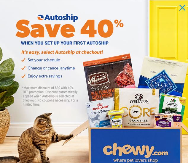 Chewy 40 possible extra 5 savings on all Pet Food supplies w 1st auto ship orders with free shipping at 50 pre discounts up to 30 savings PhatWallet