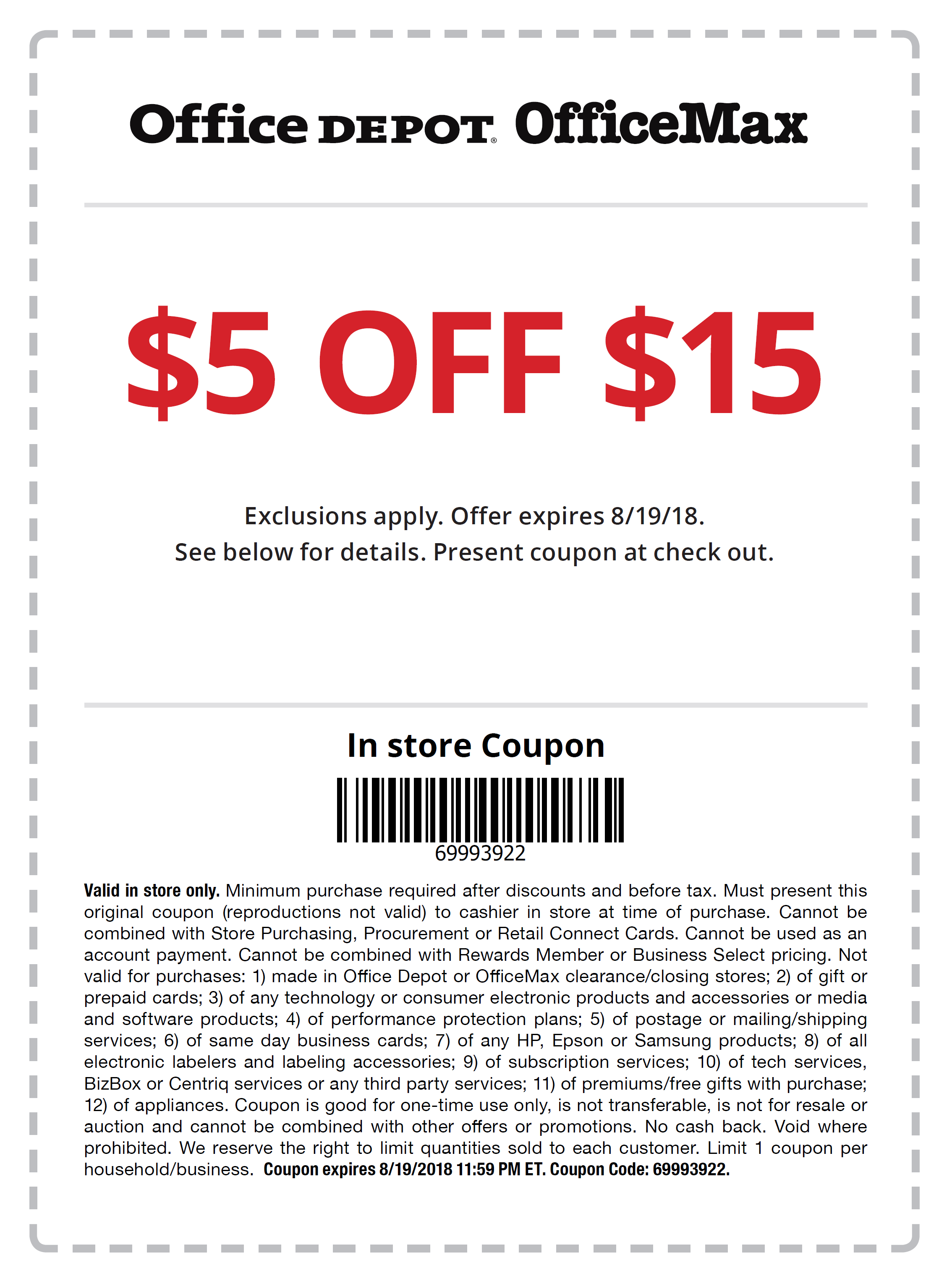 $5 off $15 In-Store Coupon @ Office Depot Office Max | PhatWallet