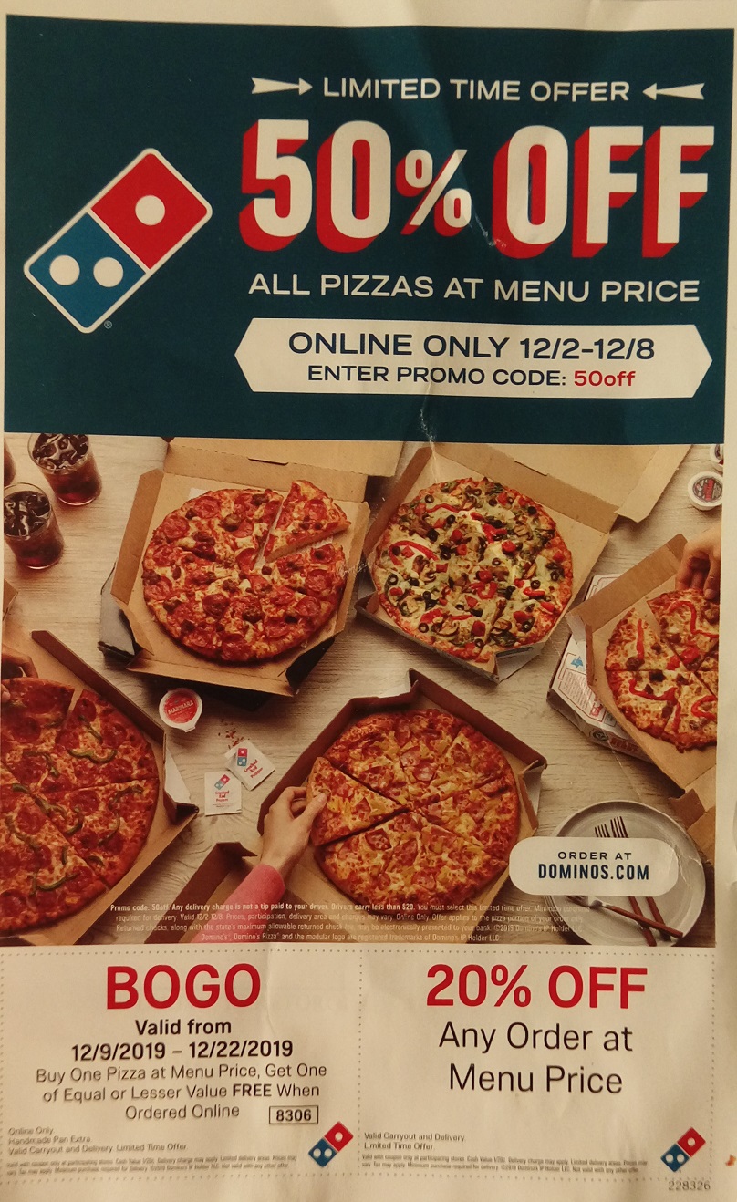 Domino S Pizza 50 Off Menu Price Pizzas Online Only 12 2 12